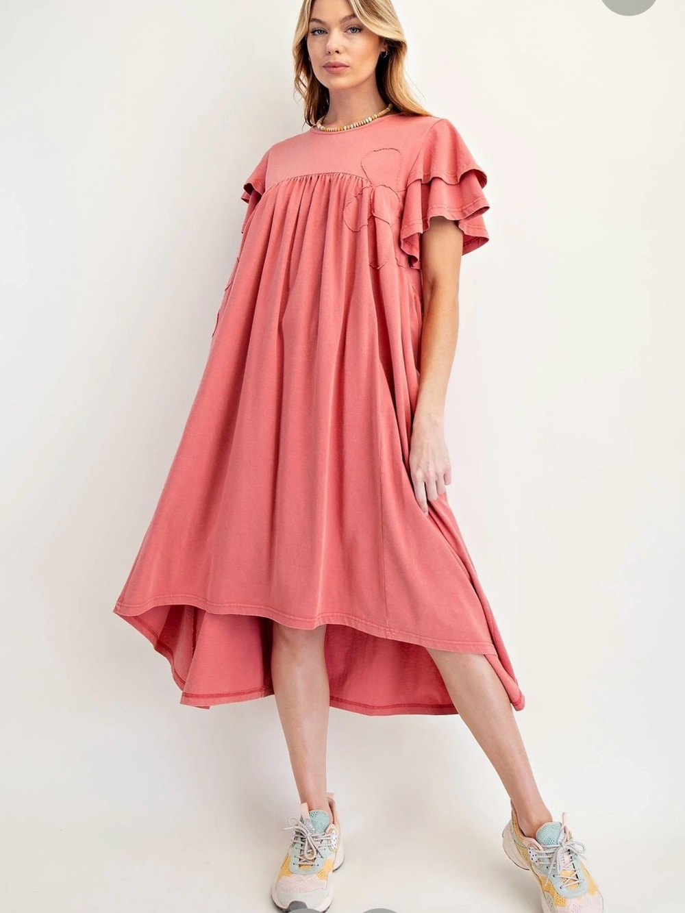 easel Coral High-Low Ruffle Sleeve Midi Dress